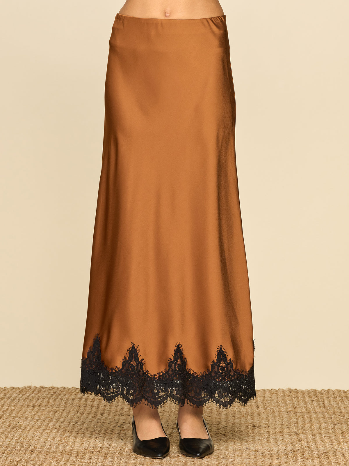 Lace Trim Satin Bias Skirt