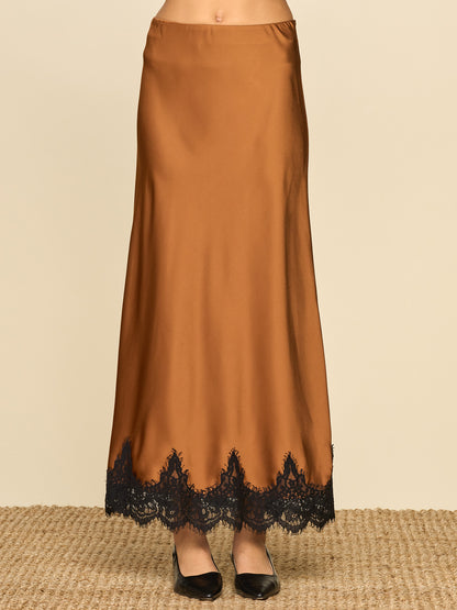 Lace Trim Satin Bias Skirt
