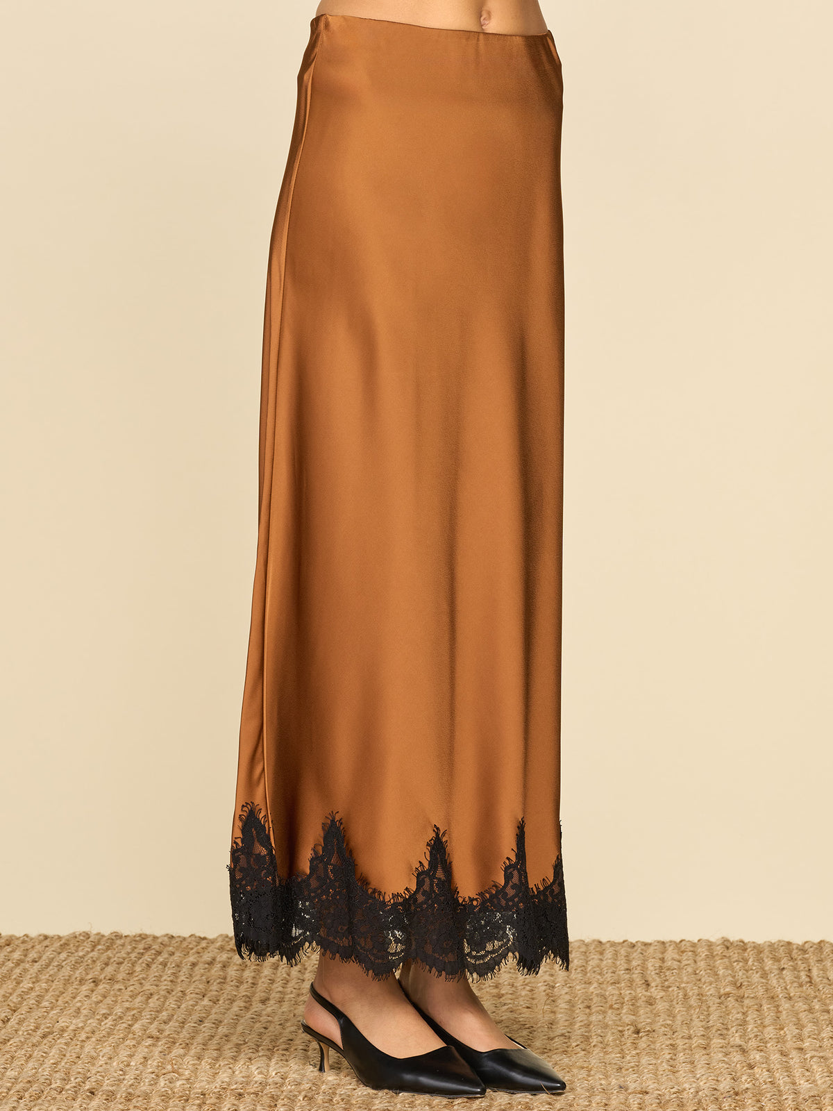 Lace Trim Satin Bias Skirt