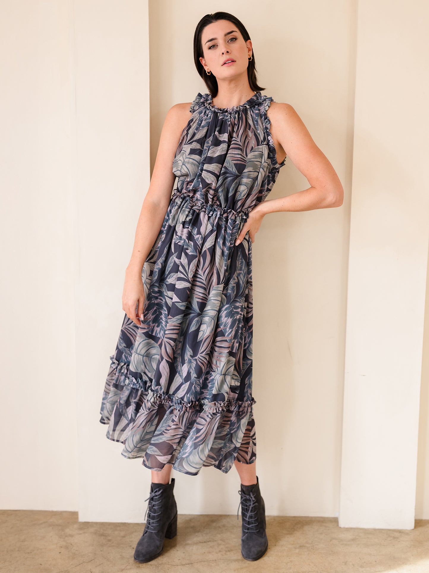 Sleeveless Printed Ruffle Midi Dress