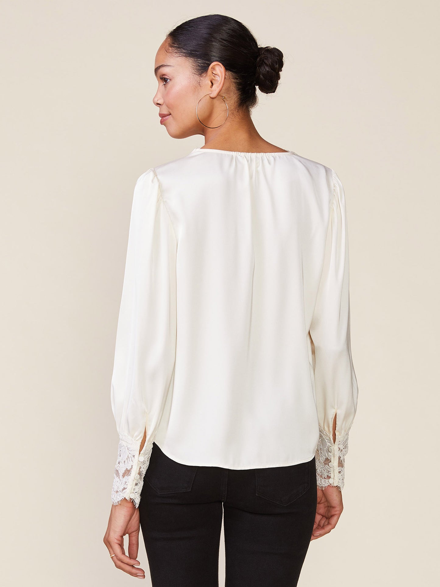 Long Sleeve Satin Top with Lace Trim