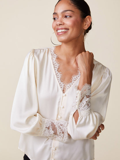 Long Sleeve Satin Top with Lace Trim