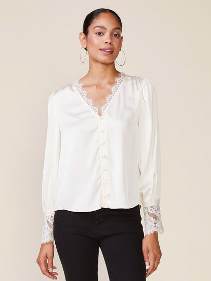 Long Sleeve Satin Top with Lace Trim