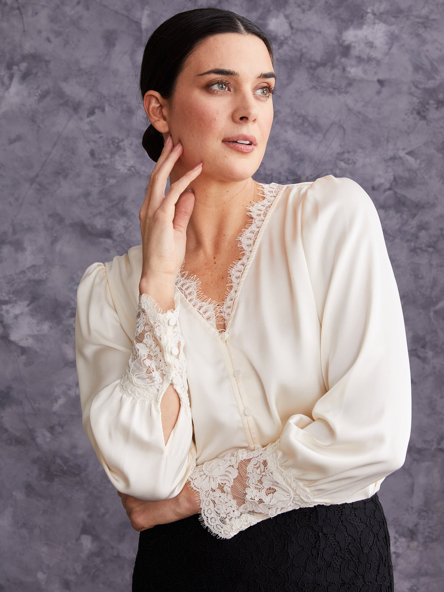 Long Sleeve Satin Top with Lace Trim