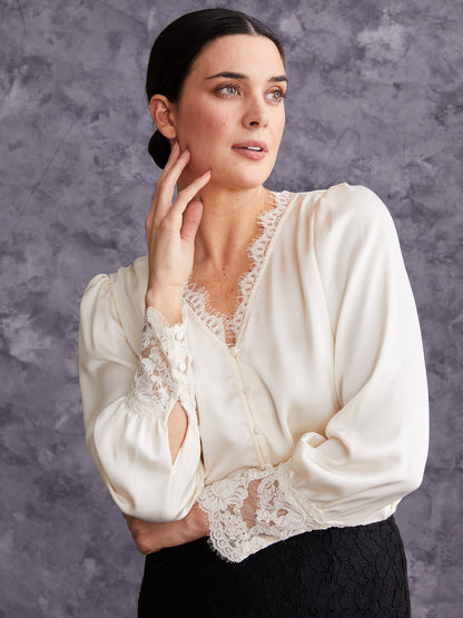 Long Sleeve Satin Top with Lace Trim