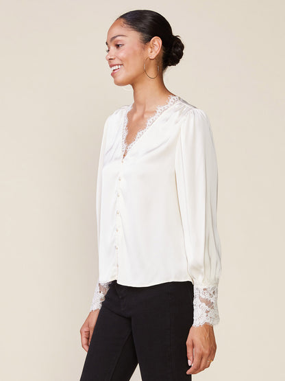 Long Sleeve Satin Top with Lace Trim