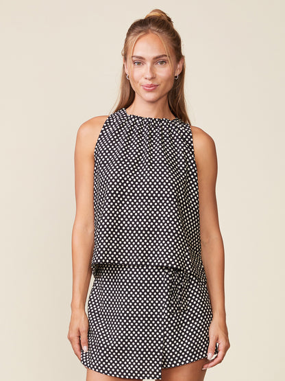 Sleeveless Polka Dot Gathered Neck Top