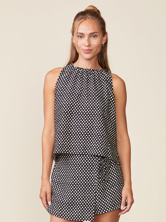 Sleeveless Polka Dot Gathered Neck Top