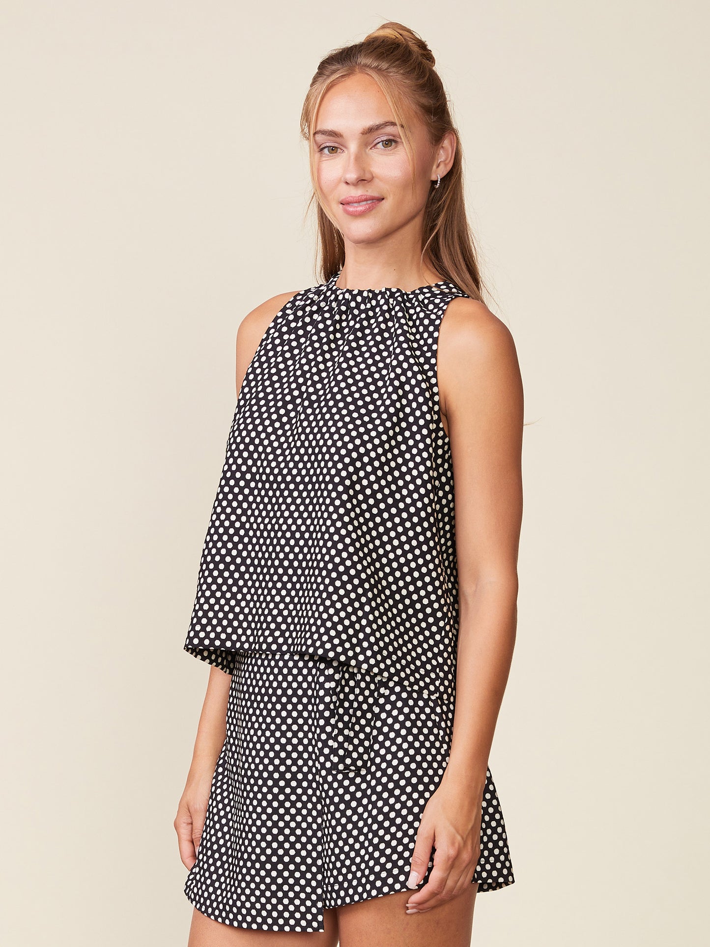 Sleeveless Polka Dot Gathered Neck Top