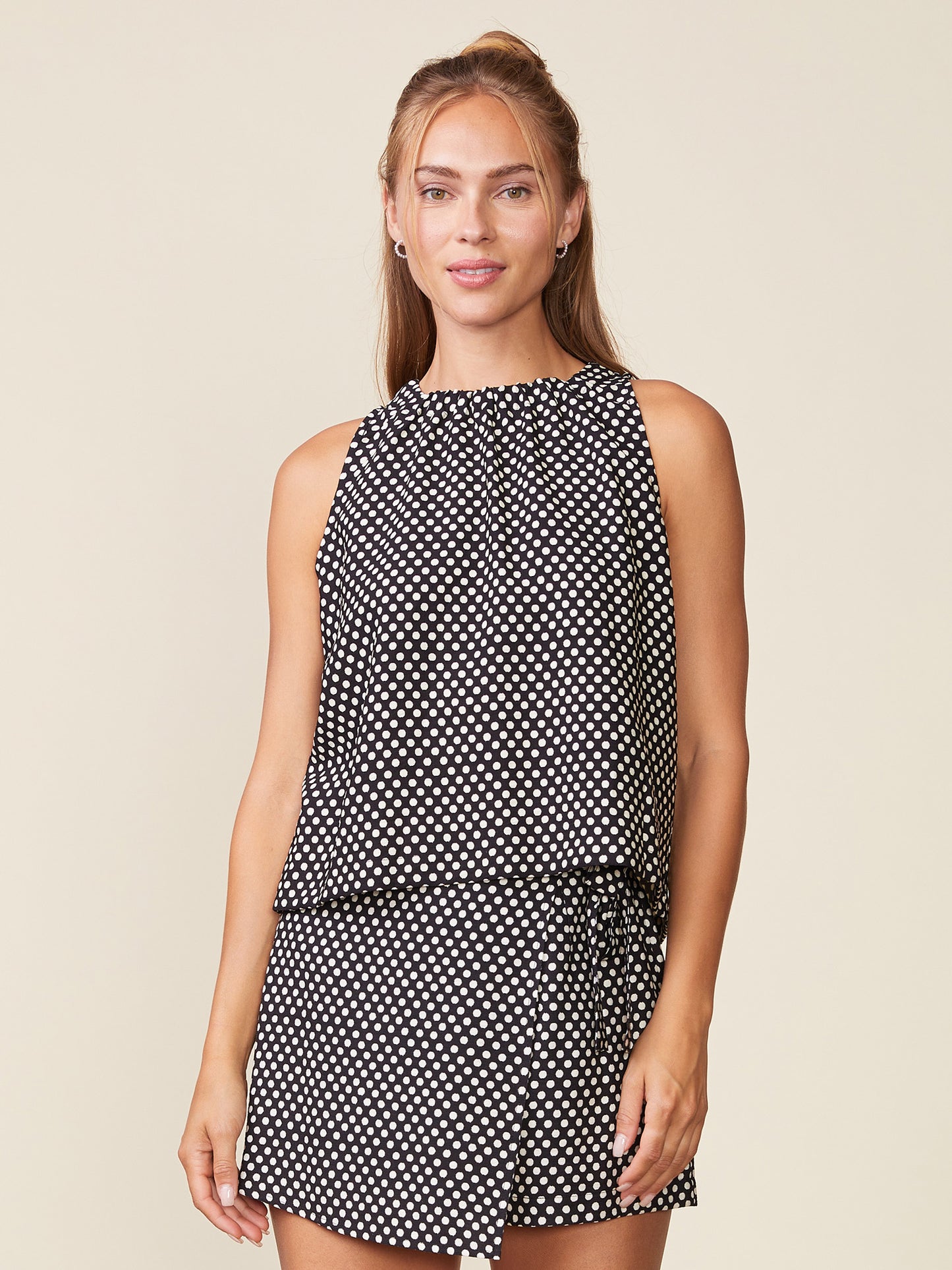 Sleeveless Polka Dot Gathered Neck Top
