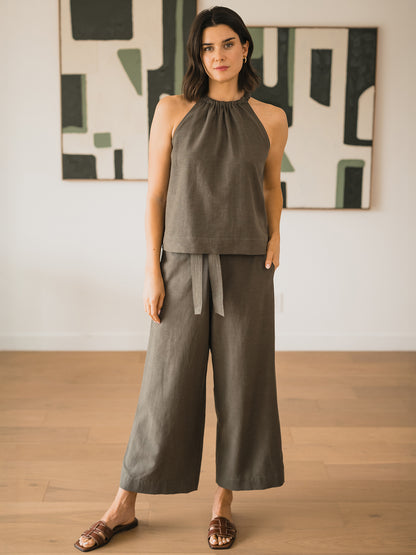 Linen Blend Belted Ankle Pant