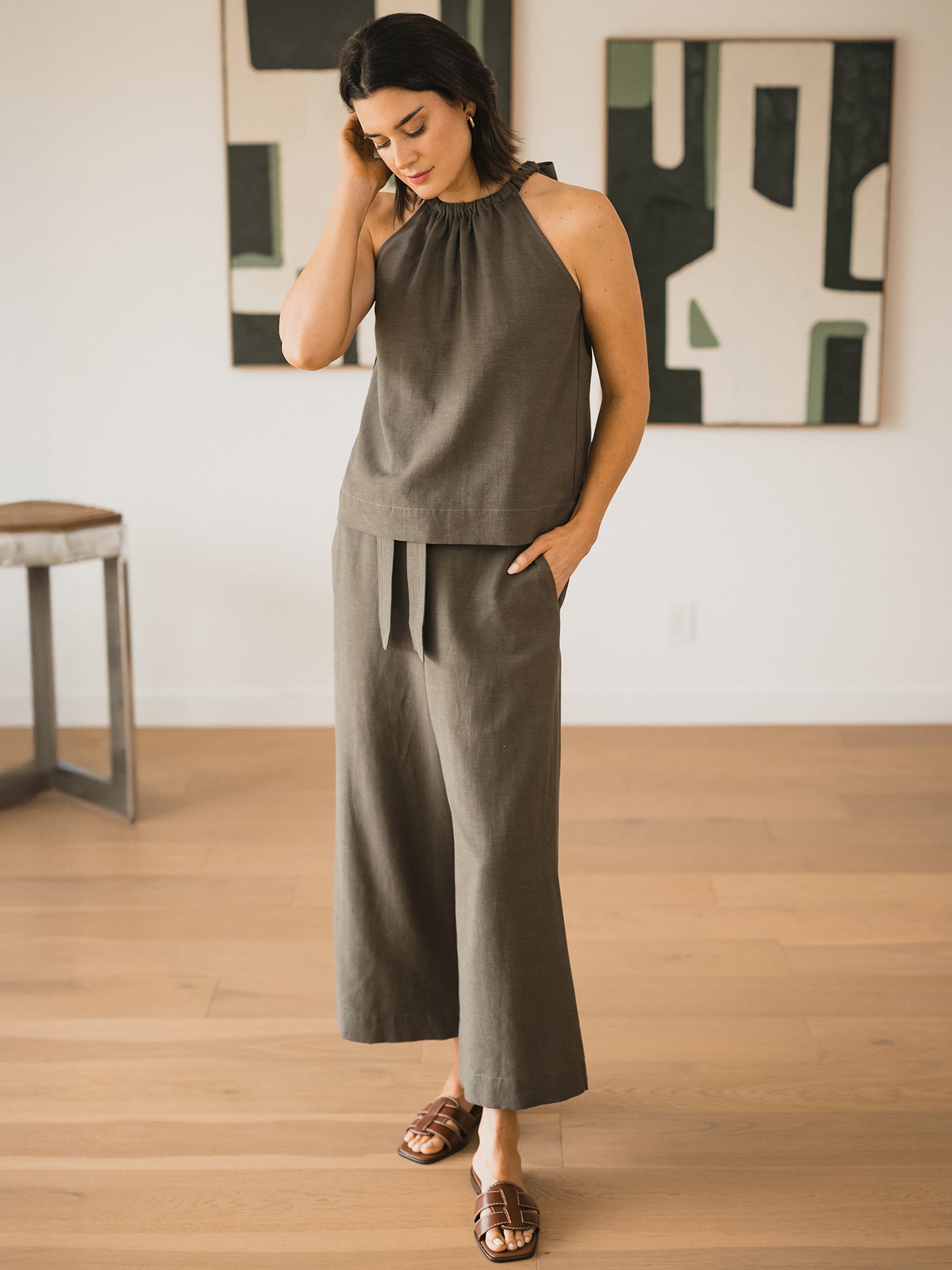 Linen Blend Belted Ankle Pant