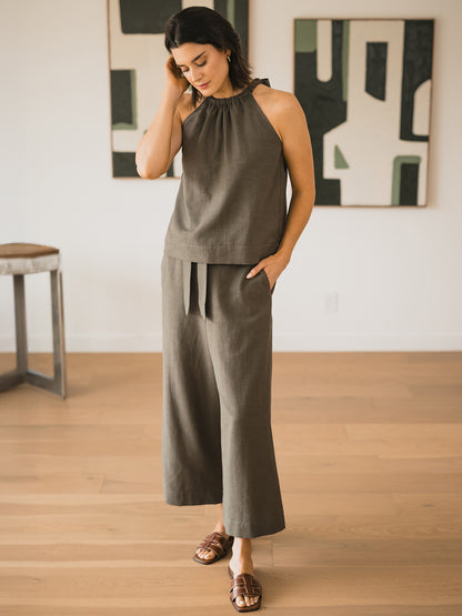 Linen Blend Belted Ankle Pant