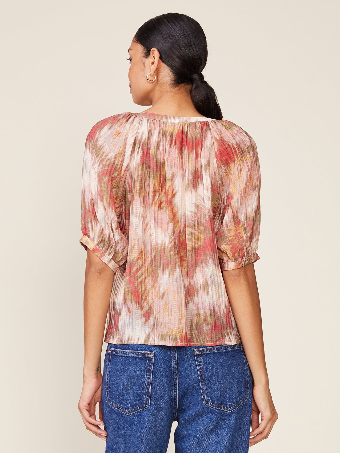 Textured Button Front Raglan Blouse