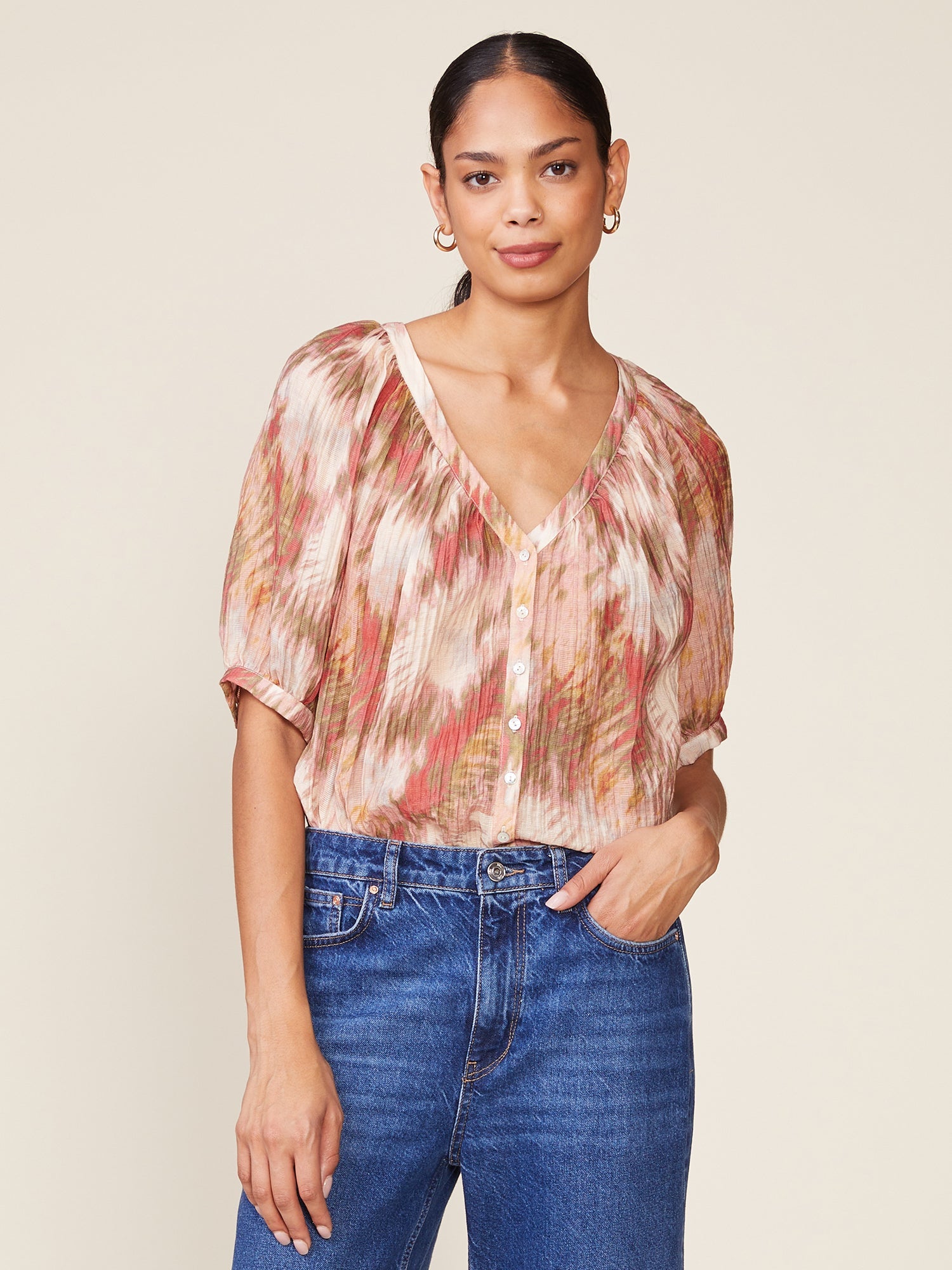 Textured Button Front Raglan Blouse