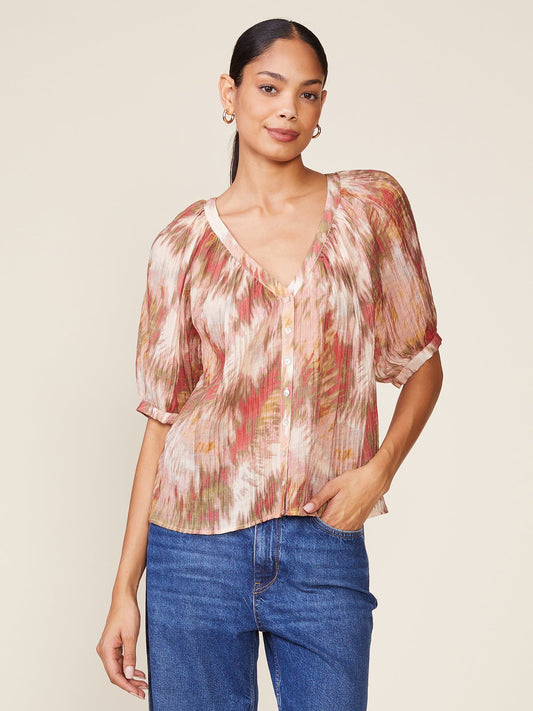 Textured Button Front Raglan Blouse