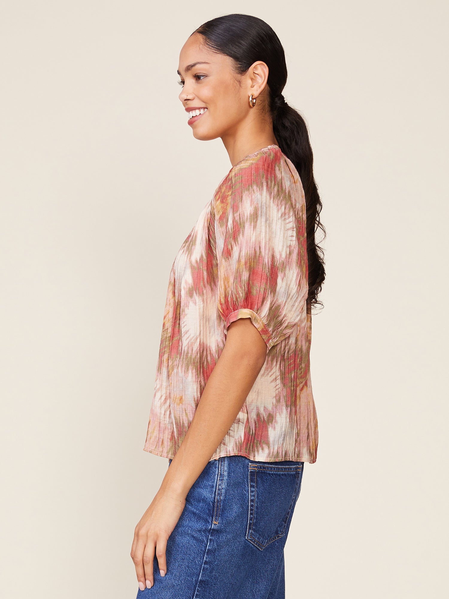 Textured Button Front Raglan Blouse