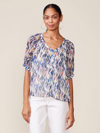 Printed Button Front Raglan Blouse
