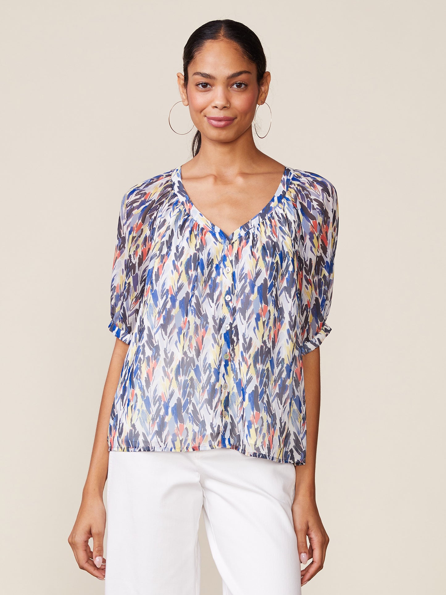 Printed Button Front Raglan Blouse