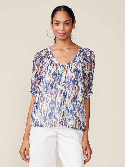 Printed Button Front Raglan Blouse