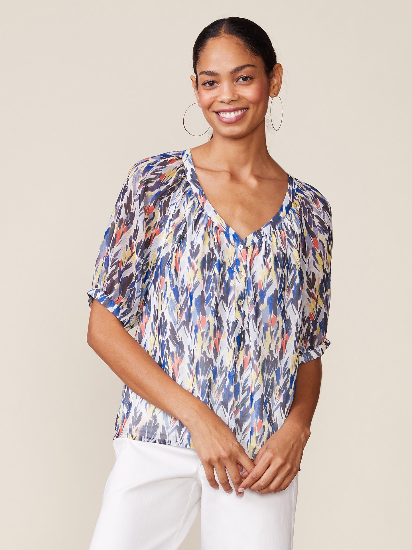 Printed Button Front Raglan Blouse