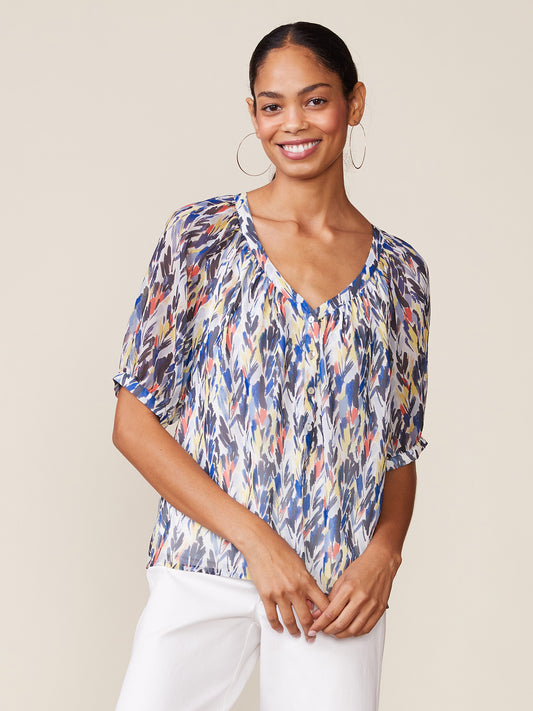 Printed Button Front Raglan Blouse