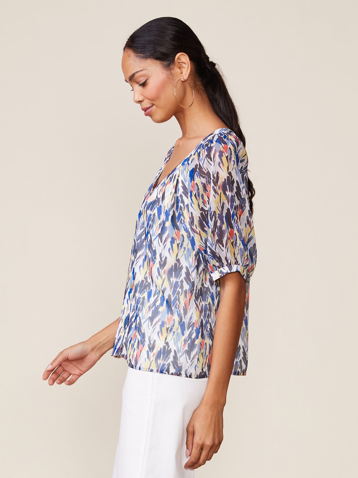 Printed Button Front Raglan Blouse
