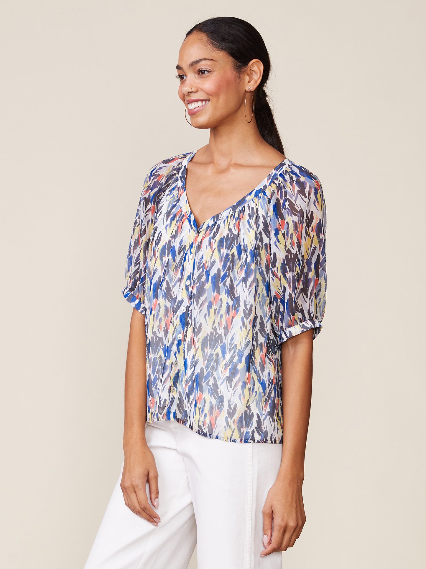 Printed Button Front Raglan Blouse
