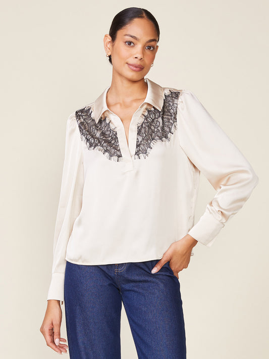 Lace Yoke Long Sleeve Satin Blouse