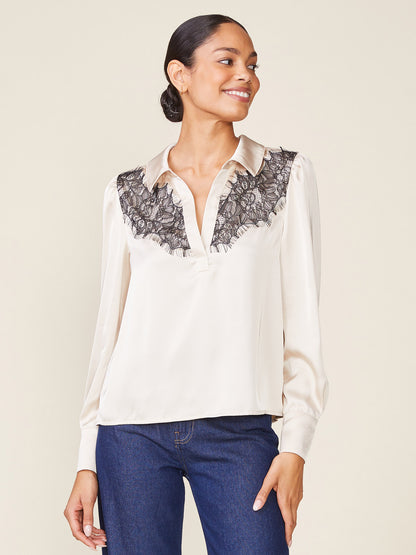 Lace Yoke Long Sleeve Satin Blouse