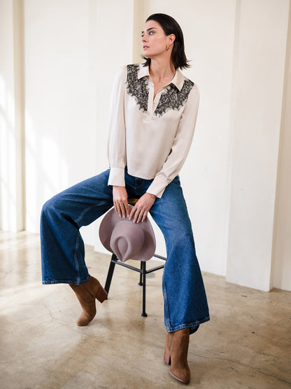 Lace Yoke Long Sleeve Satin Blouse
