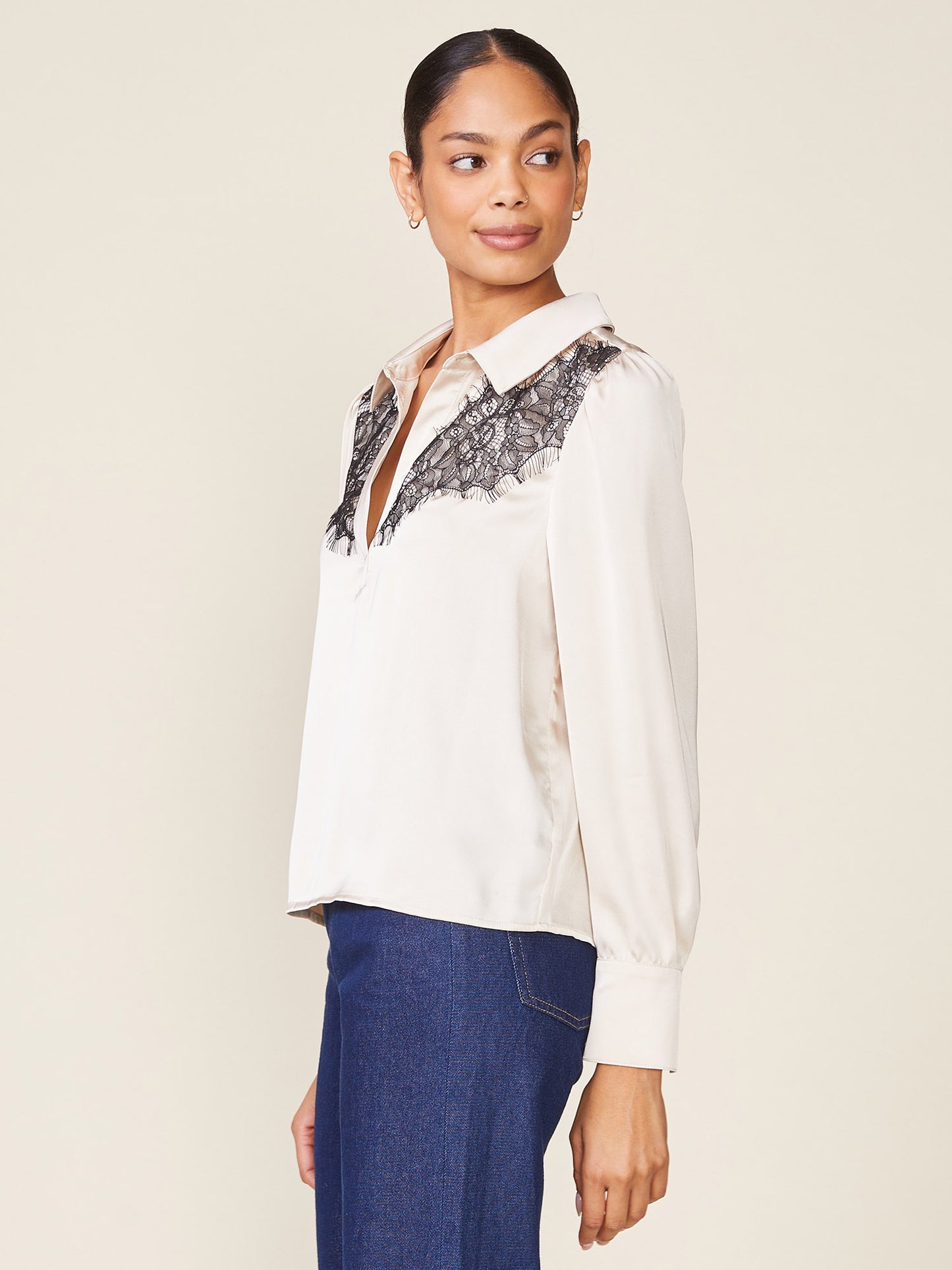 Lace Yoke Long Sleeve Satin Blouse
