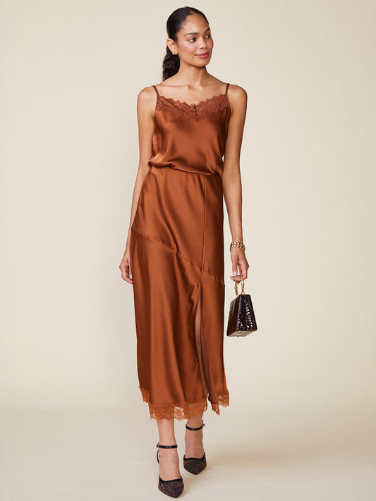 Lace Trim Satin Midi Skirt