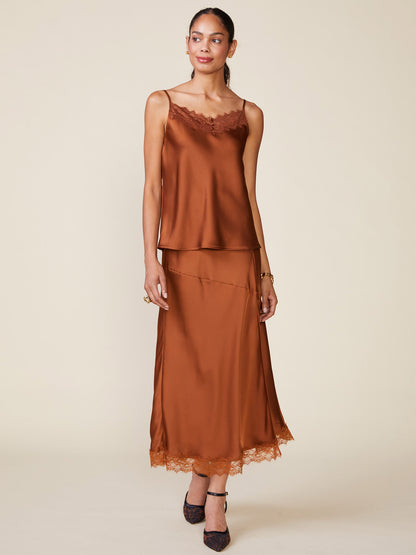Lace Trim Satin Midi Skirt