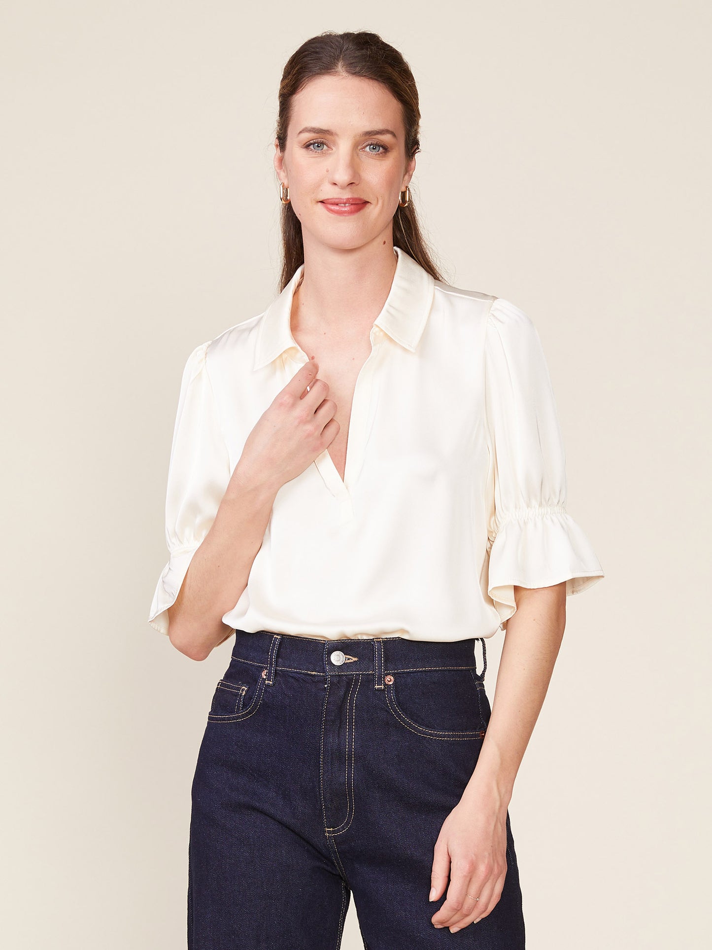 Cinched Sleeve Satin Top