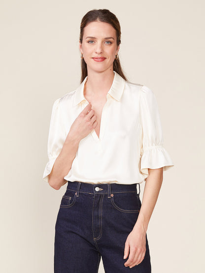 Cinched Sleeve Satin Top