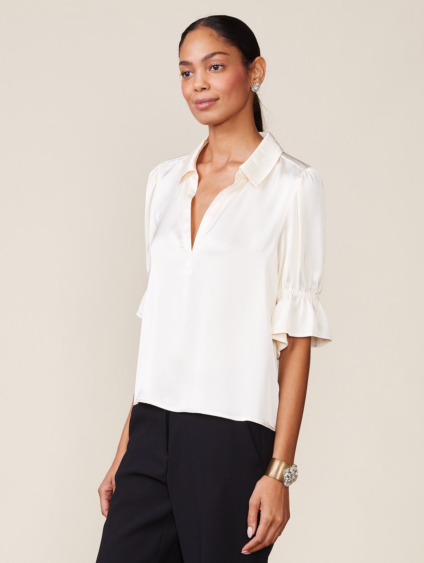 Cinched Sleeve Satin Top