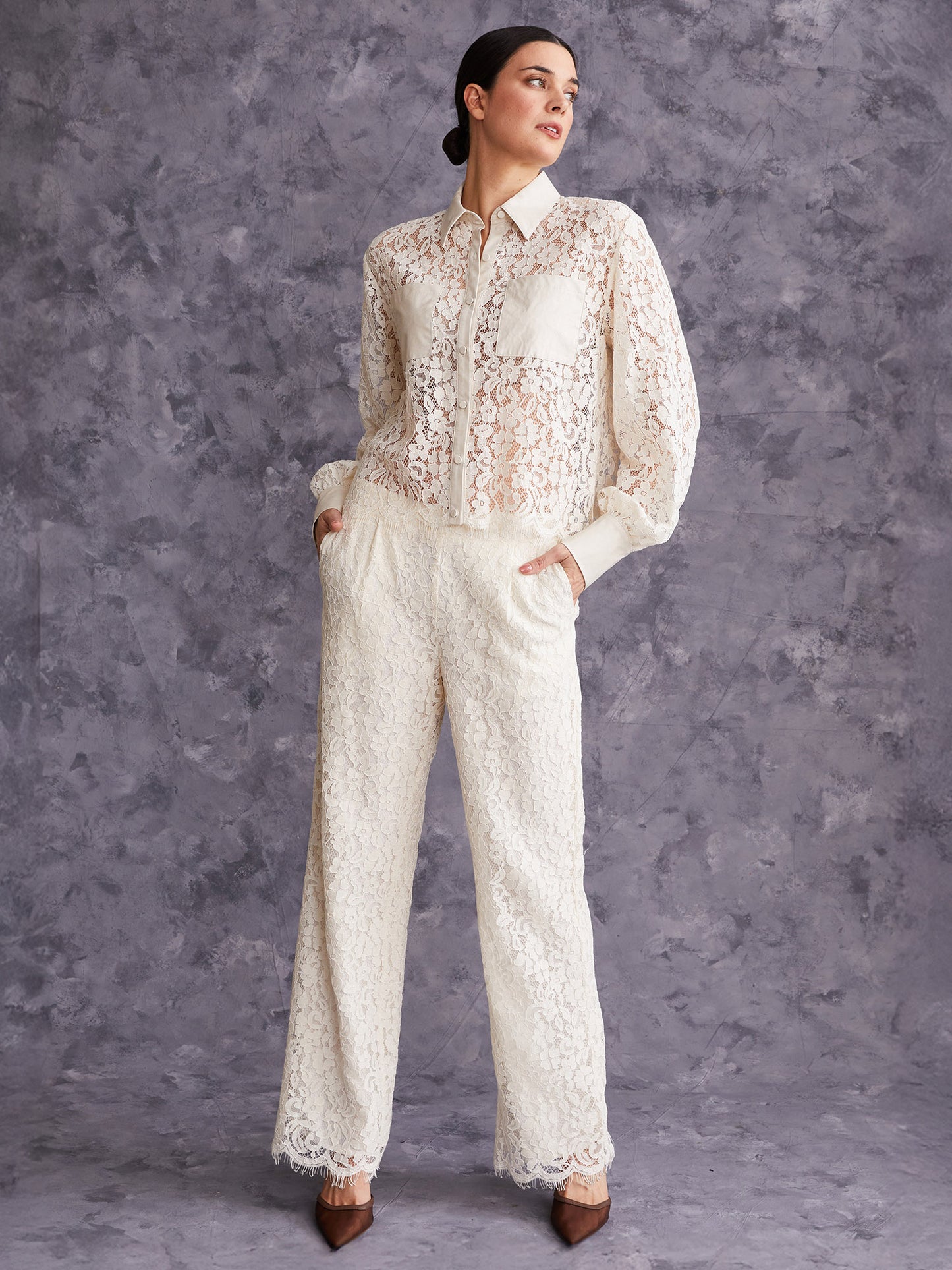 Long Sleeve Lace Button Down Top