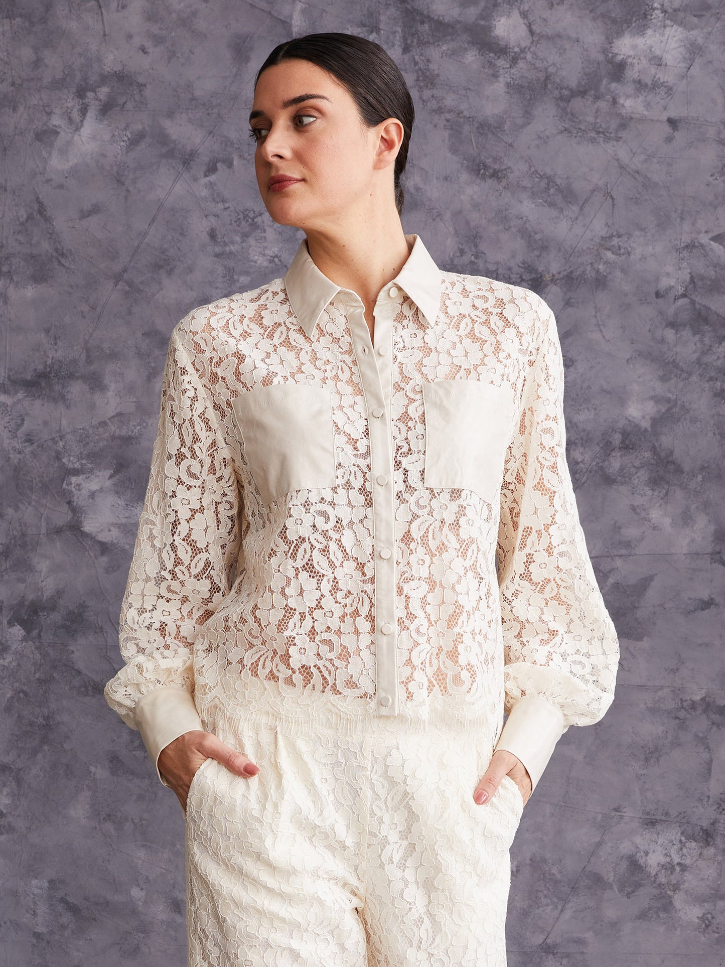 Long Sleeve Lace Button Down Top