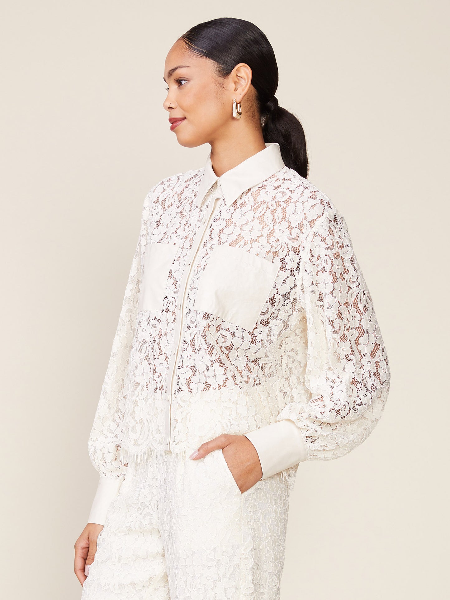 Long Sleeve Lace Button Down Top