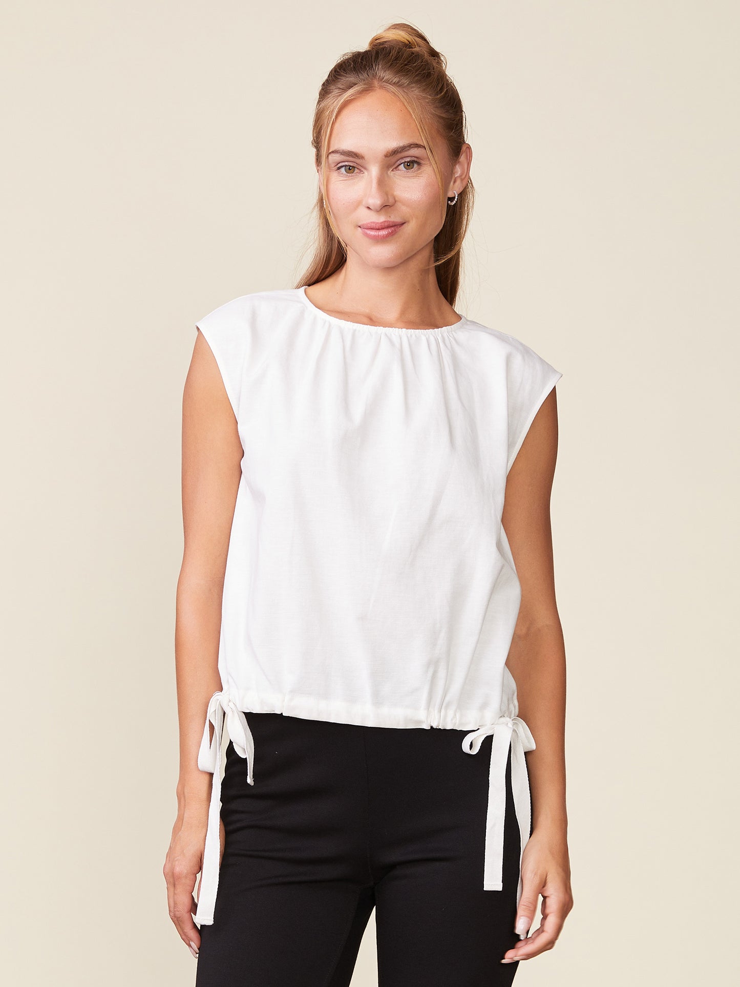 Linen Blend Sleeveless Shirred Top with Ties