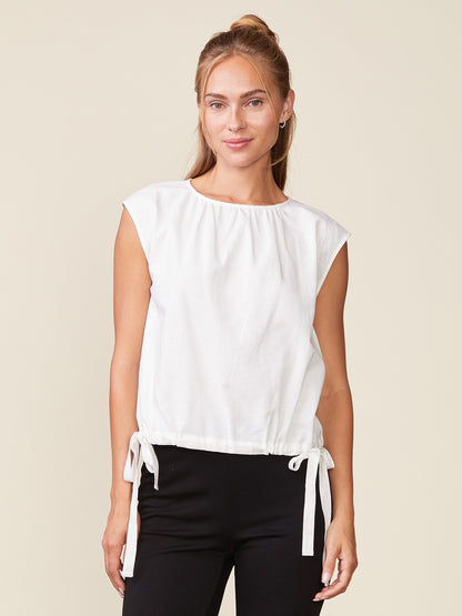 Linen Blend Sleeveless Shirred Top with Ties