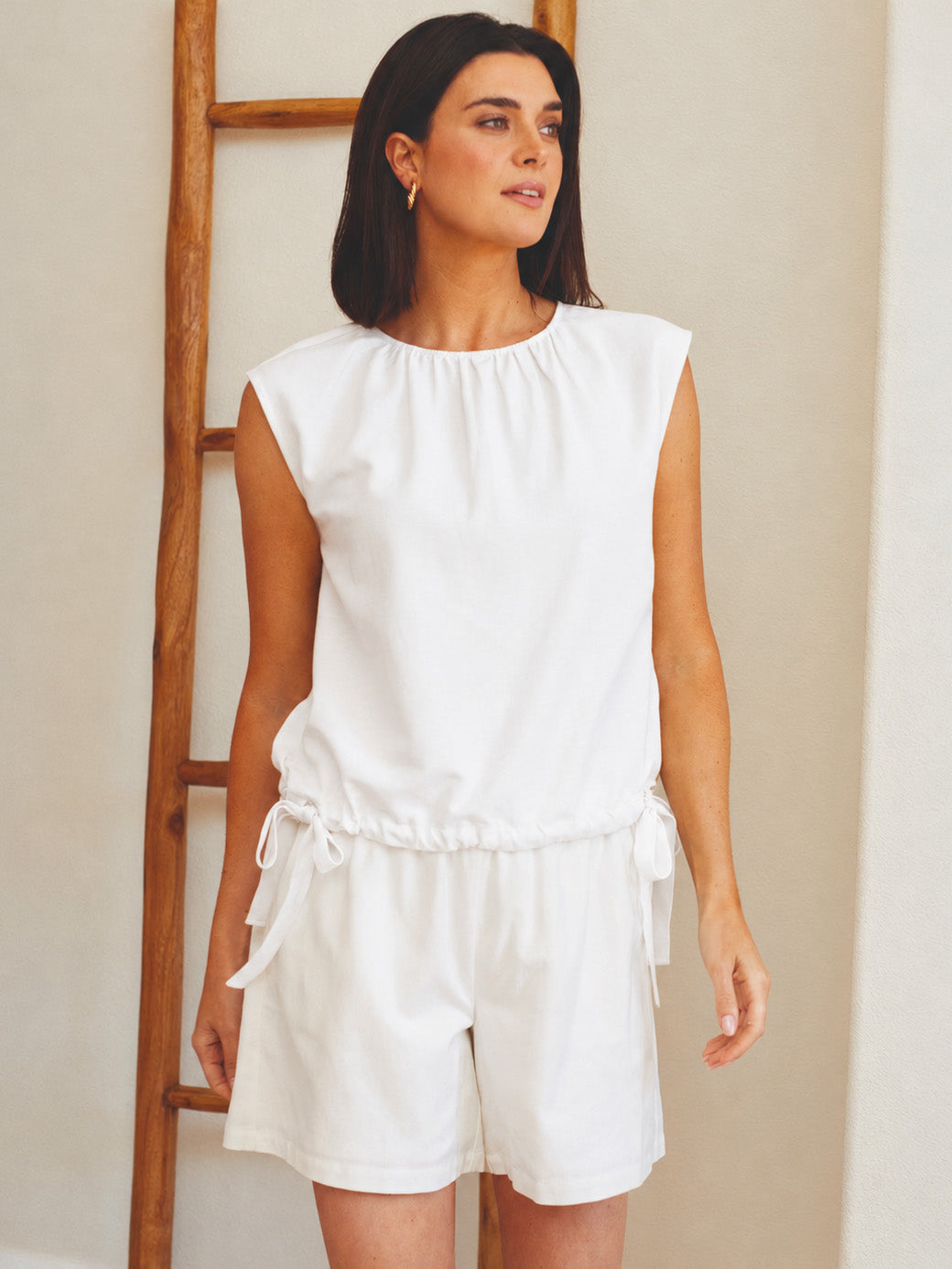 Linen Blend Sleeveless Shirred Top with Ties