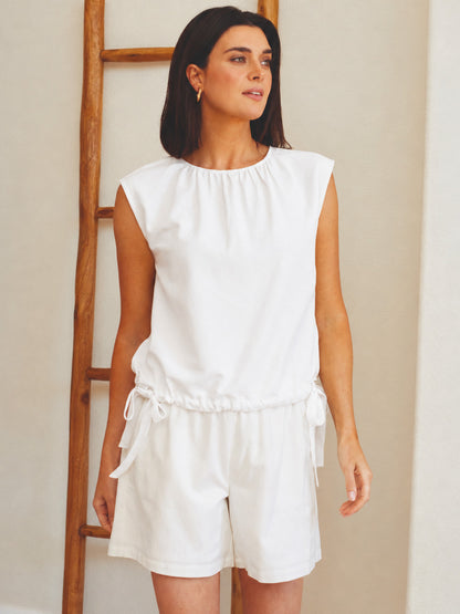 Linen Blend Sleeveless Shirred Top with Ties