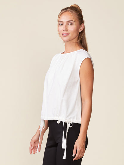 Linen Blend Sleeveless Shirred Top with Ties