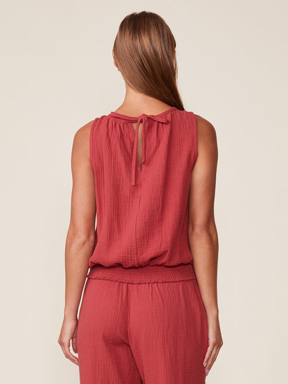 Shirred Gauze Tank with Smocked Waist