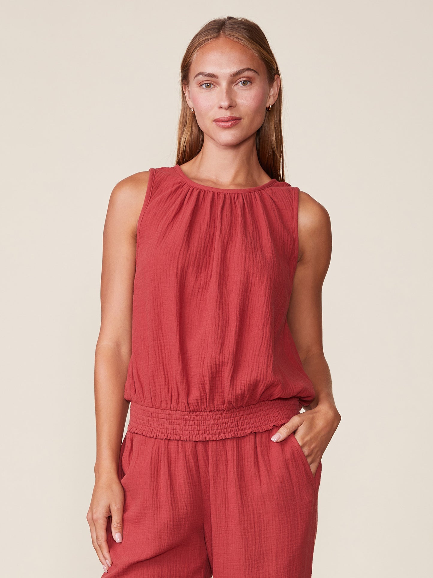 Shirred Gauze Tank with Smocked Waist