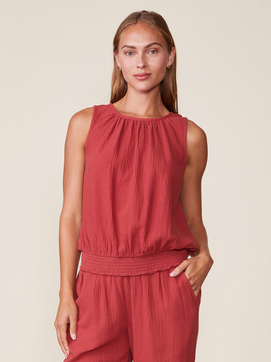 Shirred Gauze Tank with Smocked Waist