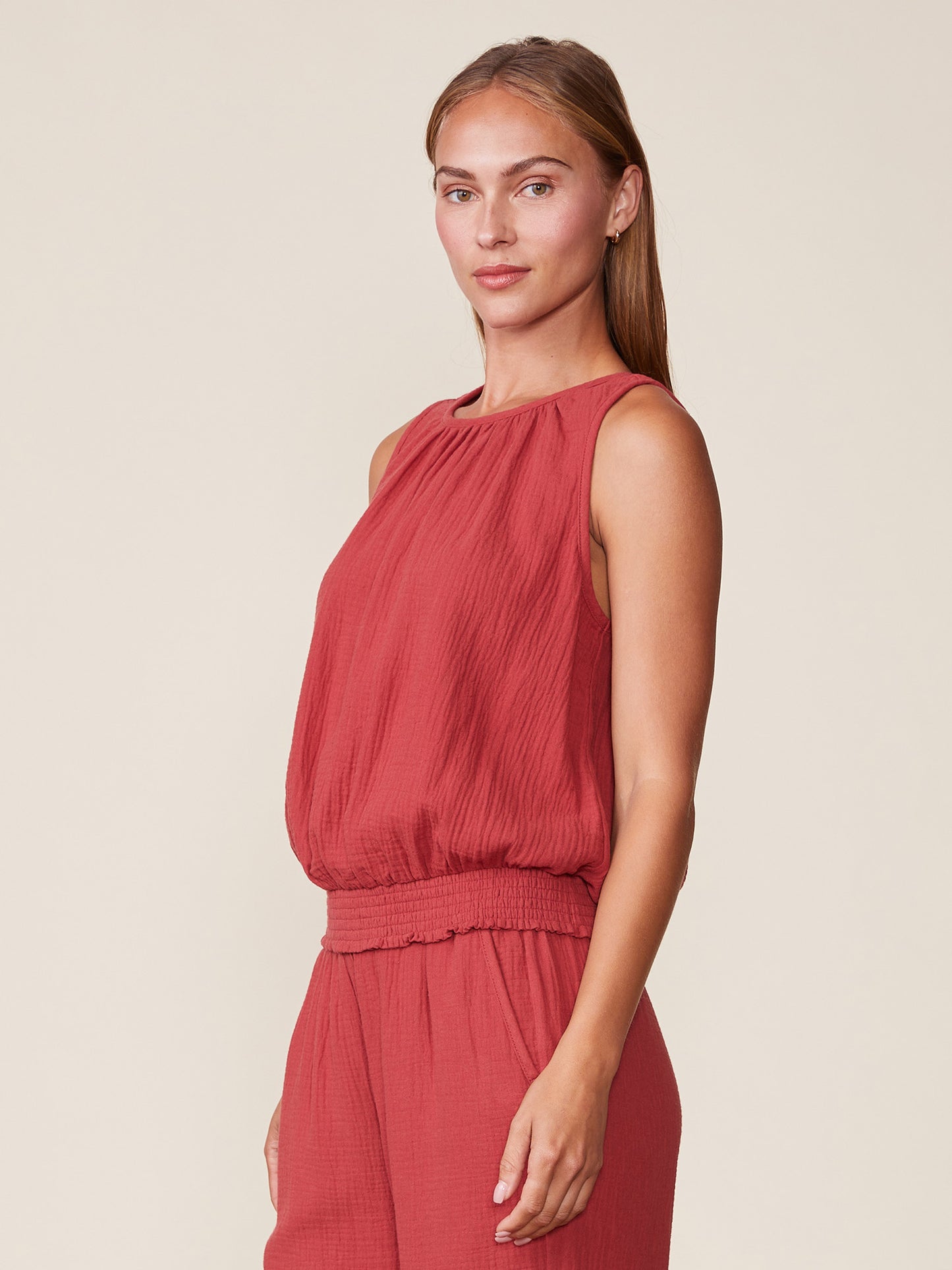 Shirred Gauze Tank with Smocked Waist