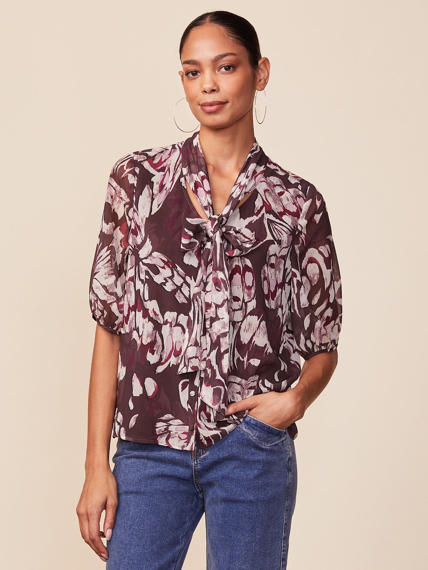Short Sleeve Tie Neck Printed Blouse